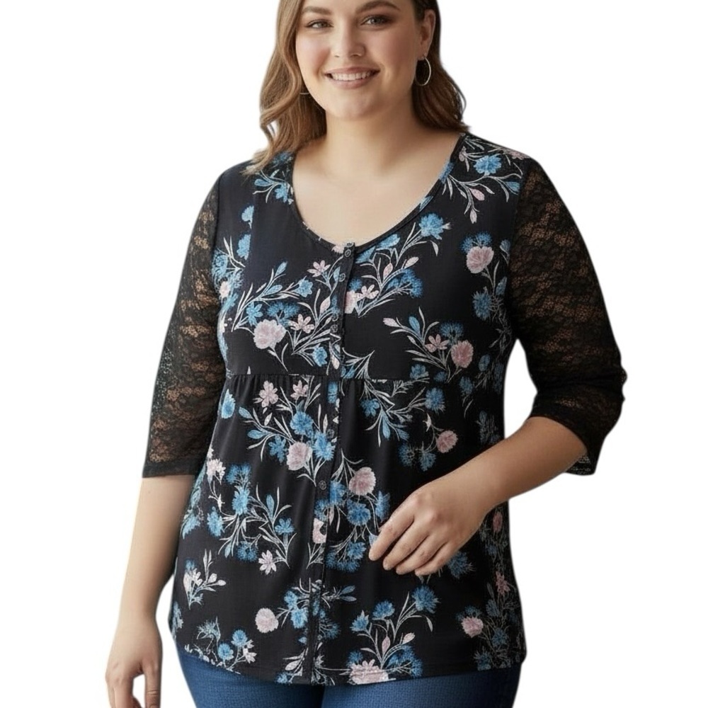 Torrid 3 3X Super Soft Knit Black Floral Shirt Lace Sleeves